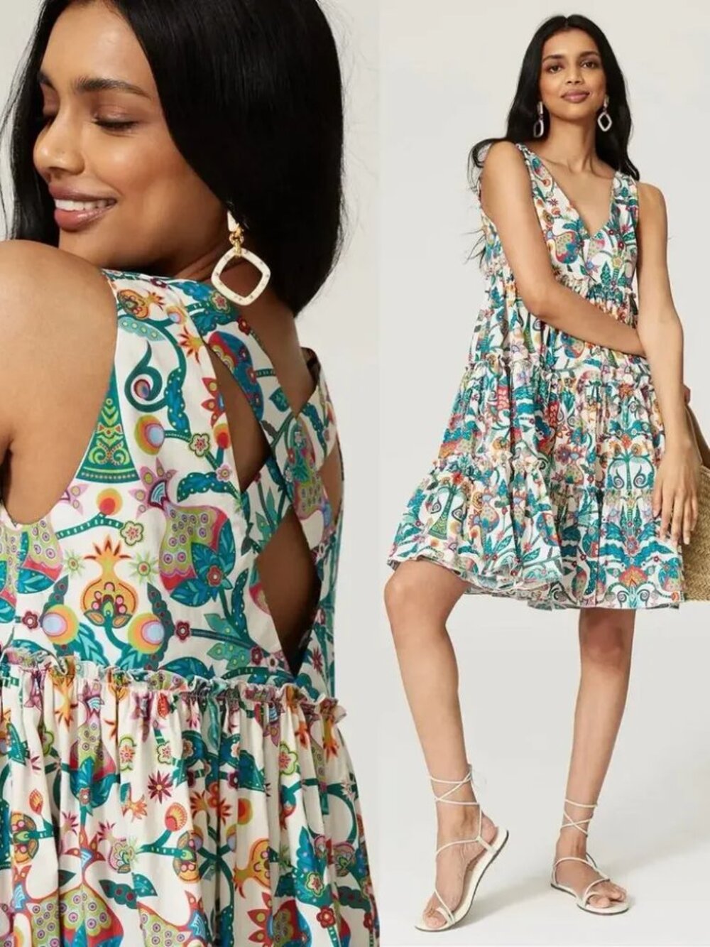 La Double J Babe Dress Tree Of Life Bianco Floral Tiered Swing Mini Babydoll LG
